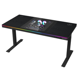 LORGAR stůl s volitelnou výškou, vestavěnou skříní pro PC, bezdrátovou nabíječkou, RGB a USB porty,  dřevěná deska