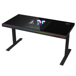 LORGAR stůl s volitelnou výškou, vestavěnou skříní pro PC, bezdrátovou nabíječkou, RGB a USB porty, tvrzené  sklo