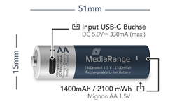 MediaRange nabíjecí USB-C Li-Ion baterie Mignon AA, 1,5V, 1400 mAh, 4ks