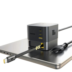 Nabíječka do sítě Baseus Super GaN 100W s navíjecím kabelem USB-C 82cm, 1xUSB, 2xUSB-C černá
