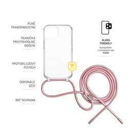 Pouzdro FIXED Pure Neck s růžovou šňůrkou na krk pro Apple iPhone 14 Plus