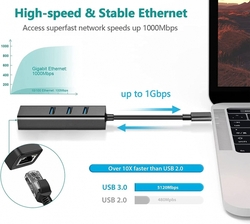PremiumCord Adapter USB-C na Gigabit 10/100/1000Mbps + 3x USB3.0 konektor