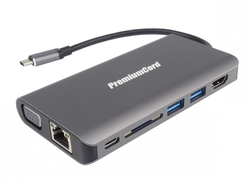 PremiumCord Převodník USB-C na HDMI+VGA+RJ45+2xUSB3.0+SD card +3,5mm+PD charge