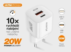 Rychlá nabíječka ALIGATOR Mini, PD 20W USB + USB-C, bílá