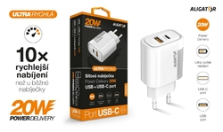 Rychlá nabíječka Aligator PD 20W USB-C + USB, bílá