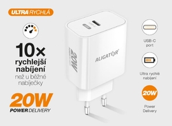 Rychlá nabíječka ALIGATOR PD 20W USB-C, USB-C/USB-C kabel, bílá