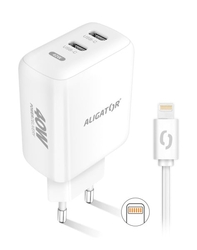 Rychlá nabíječka ALIGATOR, PD 40W, 2xUSB-C, USB-C/Lightning kabel, bílá