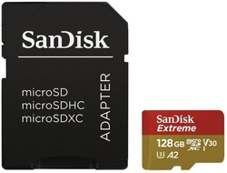 SanDisk Extreme Action Cams and Drones microSDXC 128GB 190MB/s A2 Class 10 V30 UHS-I U3, adapter