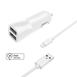 Set autonabíječky FIXED s 2xUSB výstupem a USB/Lightning kabelu, 1 metr, MFI certifikace, 15W Smart Rapid Charge, bílá