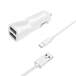 Set autonabíječky FIXED s 2xUSB výstupem a USB/USB-C kabelu, 1 metr, 15W Smart Rapid Charge, bílá