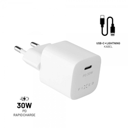 Set síťové nabíječky FIXED Mini s USB-C výstupem a USB-C/Lightning kabelu, podpora PD, 1.2 metr, MFI, 30W, bílý