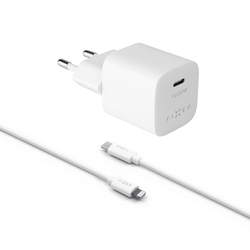 Set síťové nabíječky FIXED Mini s USB-C výstupem a USB-C/Lightning kabelu, podpora PD, 1 metr, MFI, 20W, bílý