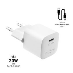 Set síťové nabíječky FIXED Mini s USB-C výstupem a USB-C/Lightning kabelu, podpora PD, 1 metr, MFI, 20W, bílý