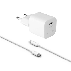 Set síťové nabíječky FIXED Mini s USB-C výstupem a USB-C/USB-C kabelu, podpora PD, 1 metr, 20W, bílý