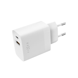 Síťová nabíječka FIXED s USB-C a USB výstupem, podpora PD a QC 3.0, 20W, bílá