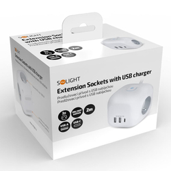 Solight 3z + USB A+C prodlužovací přívod - kostka, kabel 2m, 3 x 1mm2, bílý, vypínač