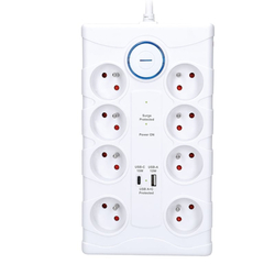 Solight přepěťová ochrana, 8z, USB A+C, 2m, bílá