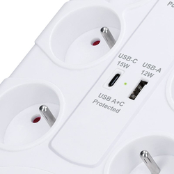 Solight přepěťová ochrana, 8z, USB A+C, 2m, bílá