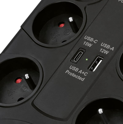 Solight přepěťová ochrana, 8z, USB A+C, 2m, černá