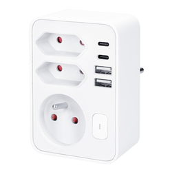 Solight rozbočka, 1x 16A + 2x 2,5A, 2xUSB A+C, bílá, vypínač