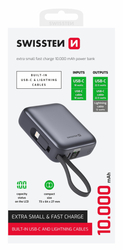 SWISSTEN POWER BANK 10000 mAh S INTEGROVANÝMI KABELY  USB-C A LIGHTNING VESMÍRNĚ STŘÍBRNÁ