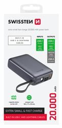 SWISSTEN POWER BANK 20000 mAh S INTEGROVANÝMI KABELY  USB-C A LIGHTNING VESMÍRNĚ STŘÍBRNÁ