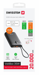 SWISSTEN POWER BANK VOLTBOX 35W 20000 mAh S INTEGROVANÝMI KABELY  USB-C A LIGHTNING ČERNÁ