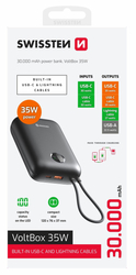 SWISSTEN POWER BANK VOLTBOX 35W 30000 mAh S INTEGROVANÝMI KABELY  USB-C A LIGHTNING ČERNÁ
