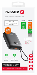 SWISSTEN POWER BANK VOLTBOX 35W 30000 mAh S INTEGROVANÝMI KABELY  USB-C A LIGHTNING ČERNÁ
