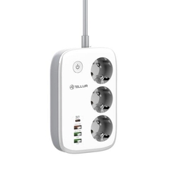 Tellur WiFi Smart Power Strip, 3x zásuvka, 2x USB 2.4A, 1x USB QC18W, 1x USB-C PD30W, 2m, bílá