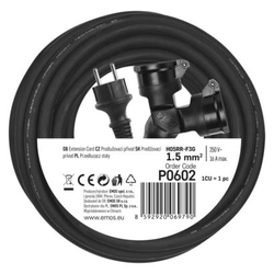 Venkovní prodlužovací kabel 15m / 2 zásuvky / černý / guma / 230 V / 1,5mm2