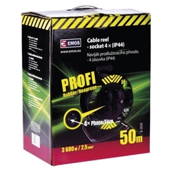 Venkovní prodlužovací kabel na bubnu 50m / 4 zás. / černý / guma-neopren / 230V / 2,5mm2