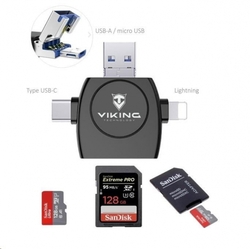 Viking OTG čtečka paměťových karet SD a Micro SD 4v1 s koncovkou APPLE Lightning / Micro USB / USB 3.0 / USB-C, bílá