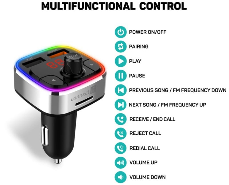 CONNECT IT CarRGB Bezdrátový FM transmitter, 2xUSB+MicroSD, STŘÍBRNÝ