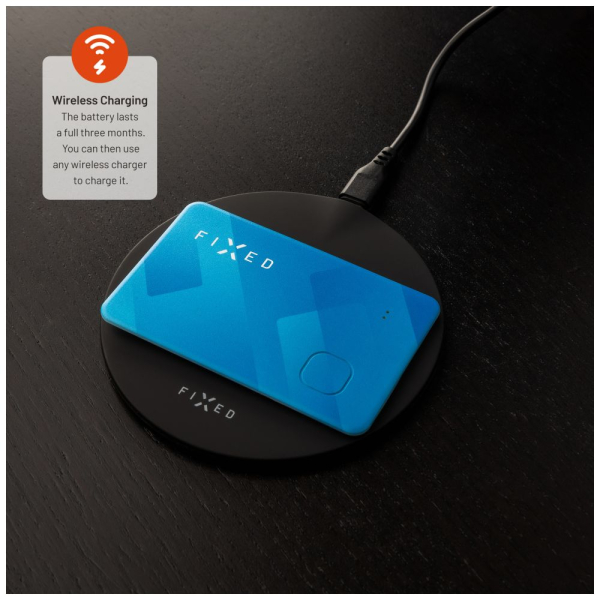 Smart tracker FIXED Tag Card s podporou Find My, bezdrátové nabíjení, modrý