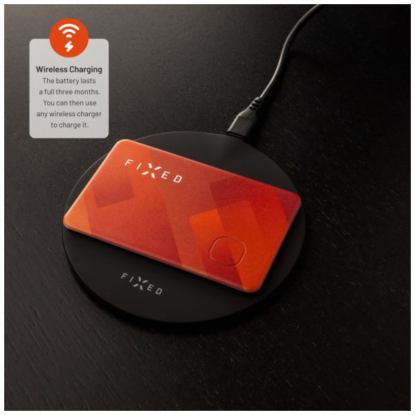 Smart tracker FIXED Tag Card s podporou Find My, bezdrátové nabíjení, oranžový