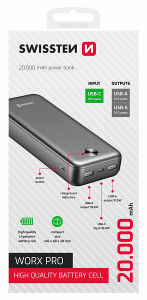 Swissten powerbanka Worx Pro, 20000 mAh, černá