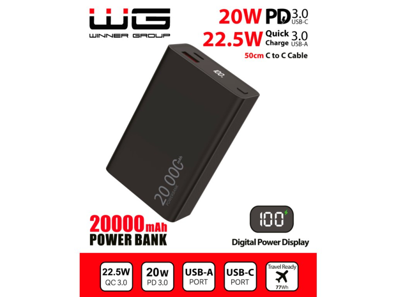 WG - Power Bank 20000 mAh, USB-C PD 20W + USB-A QC 22.5W, černá